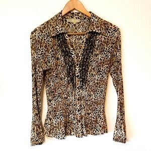 Vintage Leopard Print Button Down Flared Ruffle Long Sleeve Blouse Cathaya